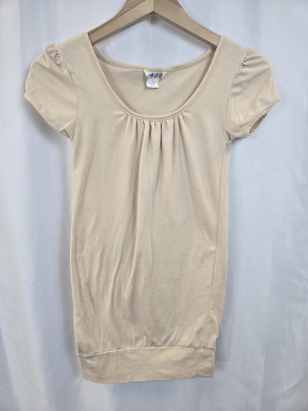AP II Shirt Womens Medium Beige Puff Sleeve Scoop Neck Tunic Top Stretch
